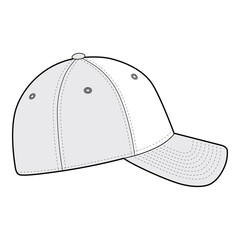 Front view of a curved-brim baseball cap in a simple black and white vector illustration, highlighting front panel and brim stitching.
