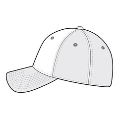 Side view of a curved-brim baseball cap in black and white vector style, focusing on the stitching and overall structure.
