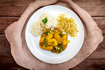 Gourmet and exotic Brazilian dish rice, chicken and pequi (caryocar brasileinse) 