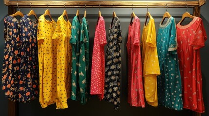 A collection of colorful kurtis displayed on a wooden rack, highlighting different patterns.