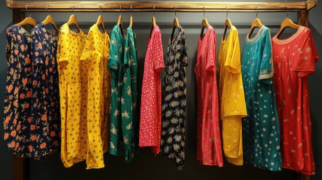 A collection of colorful kurtis displayed on a wooden rack, highlighting different patterns.