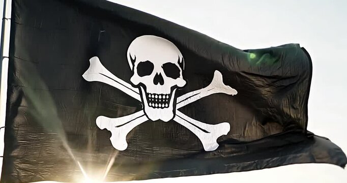 a tattered pirate flag displaying a skull and crossbones, isolated in frame, as it waves gently in the wind white background.