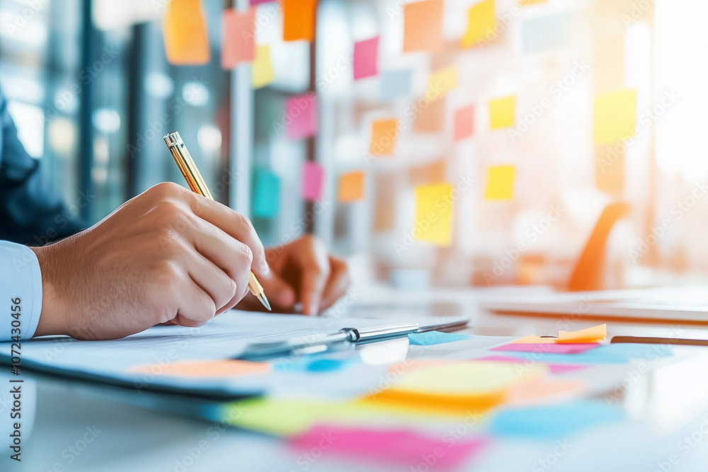 Poster a focused individual writes on a notepad in a contemporary office filled with colorful sticky notes
