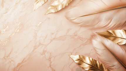 Elegant blush marble background with soft feathers and metallic gold accents. Minimal elegant background with empty copy space for design 