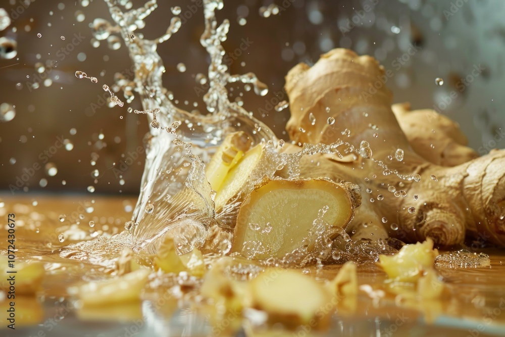 Poster fresh ginger root and slices splashing in water, creating a dynamic and refreshing scene promoting h