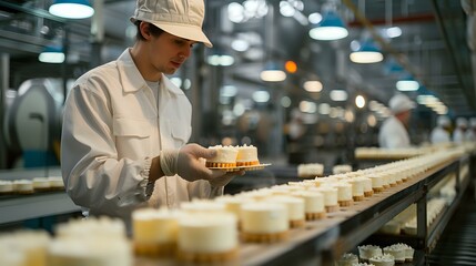 Quality control specialist in protective workwear and hat examining food samples on industrial production line, manufacturing facility inspection process.