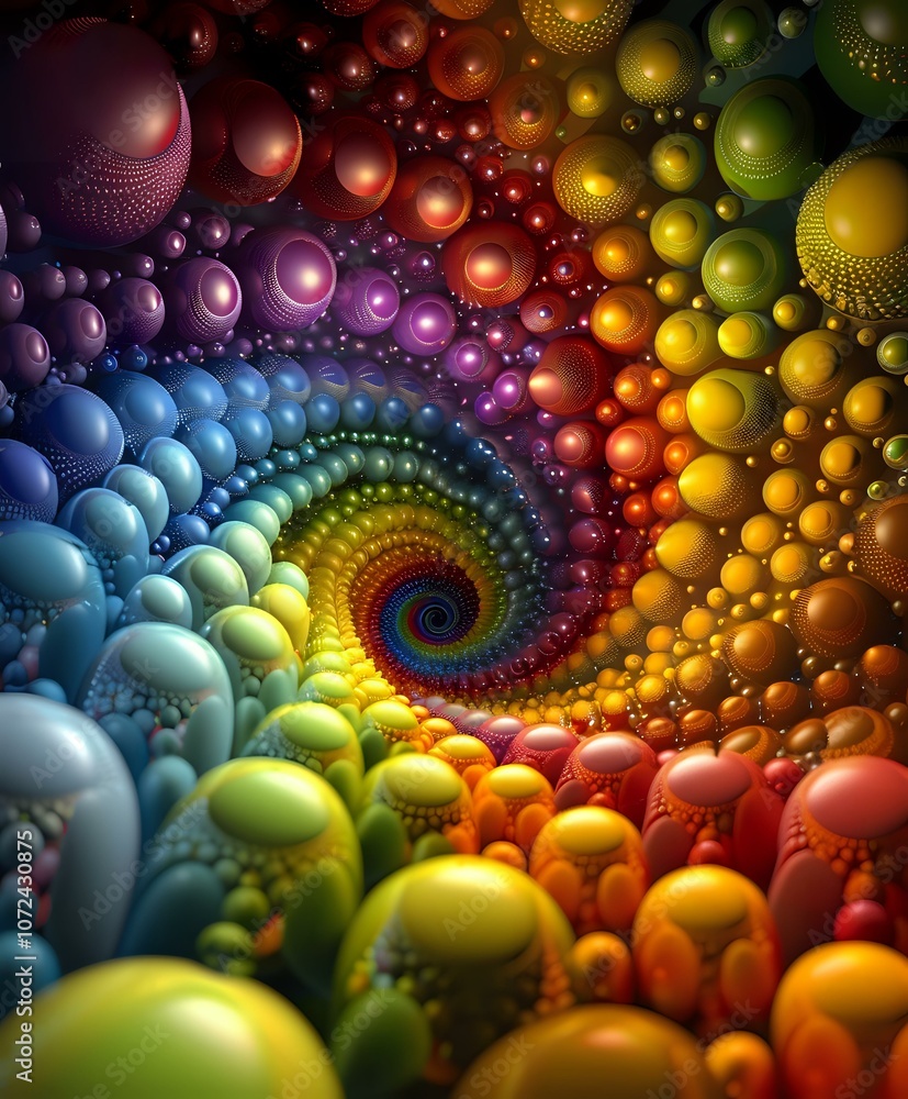 Poster a vibrant spiral of colorful spheres creating a mesmerizing fractal design. perfect for abstract art