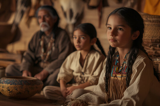 Native American children listening attentively to elder in traditional setting