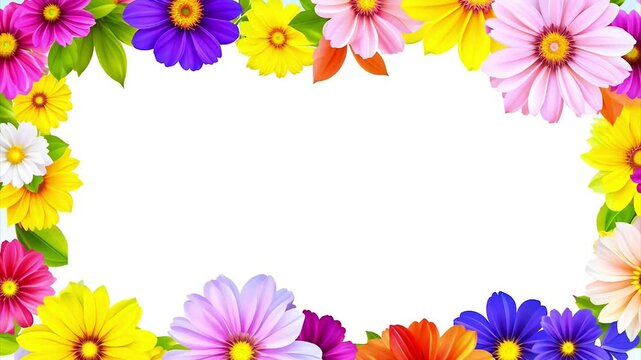 Colorful flower border is appearing on a white background, perfect for greetings, invitations.