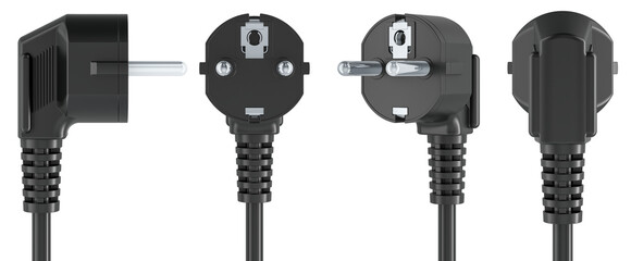 AC power plug, different views. 3D rendering isolated on transparent background