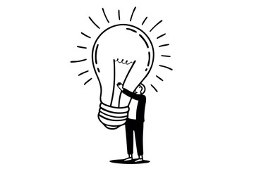 Businessman holding light bulb. Creativity concept. Line art vector illustration