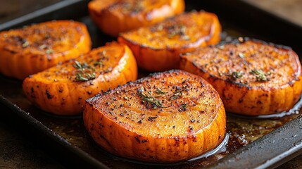Roasted pumpkin slices seasoned and arranged on a baking tray.