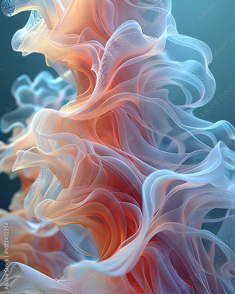 Poster abstract fluid art with ethereal coral and turquoise smoke waves creating a dynamic flowing composit