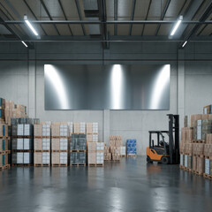 Storage facility with forklift and packaged goods. Logistics photography in an industrial setting.