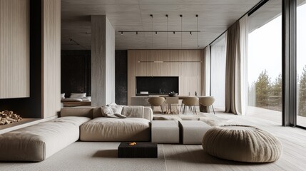 Modern minimalist living room with soft furnishings and large windows for natural light.