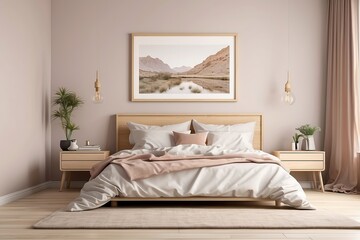 Bedroom interior with empty white picture frame on wall