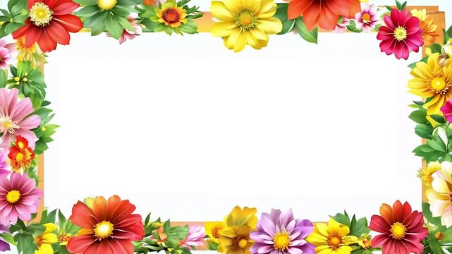 Colorful flower border is appearing on a white background, perfect for greetings, invitations.