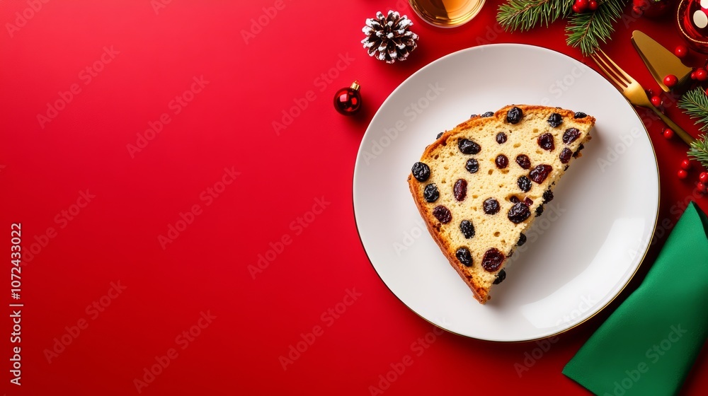 Poster slice of cake is on a plate with a red background. the plate is set on a table with a fork and knife