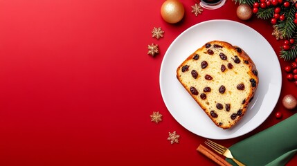 Slice of fruitcake sits on a white plate, surrounded by a festive red background. A fork and a napkin are placed next to the plate, ready for use. The napkin is green and the fork is gold