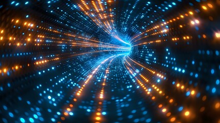 Naklejka premium Abstract digital tunnel with glowing blue and orange light streaks creating dynamic motion effect, perfect for technology, innovation, and future concept designs.