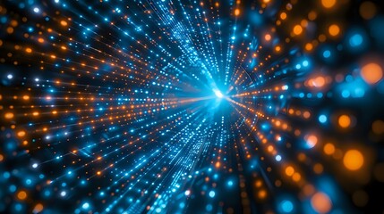 Naklejka premium abstract illustration of vibrant blue and orange glowing particles converging toward a central point, creating a sense of motion and energy. Perfect for themes of technology, innovation
