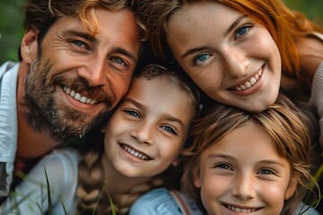 Happy diverse family taking selfie outdoors, parents with children smiling at camera. Natural genuine emotions and connection during summer lifestyle photoshoot.