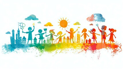 Obraz premium Happy children silhouettes playing outdoors against colorful watercolor rainbow background, perfect for education, childhood development and community projects.