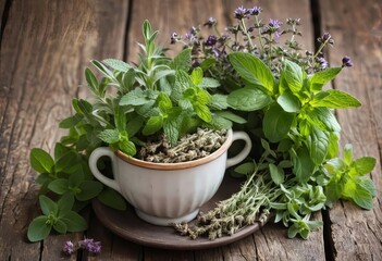 An old cup filled with fresh herbs and flowers on a wooden background