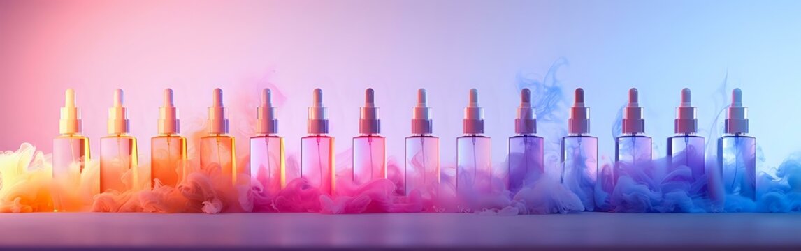A panoramic arrangement of illuminated glass bottles creating a gradient effect from warm to cool tones, perfect for beverage marketing, bar decor, and artistic lifestyle content.