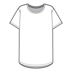 Women's Relaxed Fit T-Shirt Technical Drawing with Crew Neck, Short Sleeves, and Curved Hem

