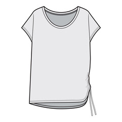 Women's Relaxed Fit T-Shirt Technical Drawing with Crew Neck, Short Sleeves, Curved Hem, and Drawstring Detail

