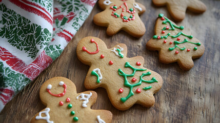 Close-up of Christmas cookies shaped like stars and gingerbread men on a wooden table with holiday decorations, copy space