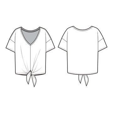 Women's V-Neck T-Shirt Technical Drawing with Short Sleeves, Front and Back View

