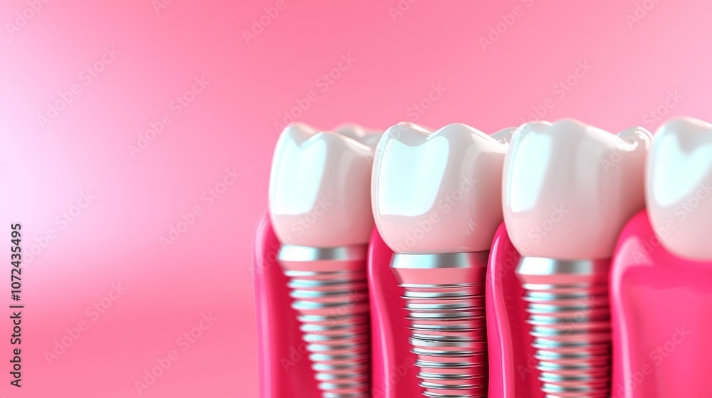 Poster close up of a row of teeth with a pink background. the teeth are all different sizes and shapes, wit