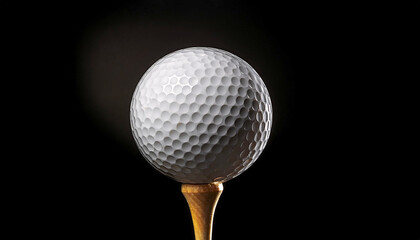 Close-up golf ball on tee, isolated on a dark black