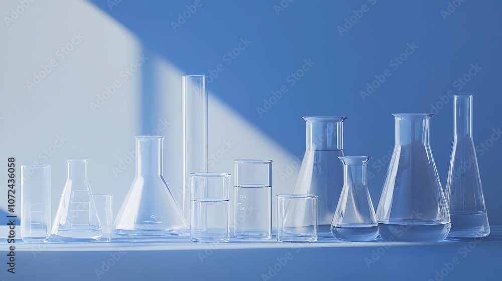 Poster laboratory glassware with clear liquid creating a serene science scene
