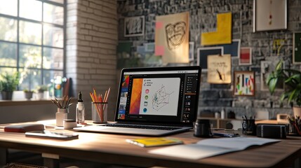 A creative workspace with a laptop open to a Tiranga app development screen, surrounded by design tools and colorful sketches.