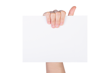 Hand holding white paper isolated on white backgrkound