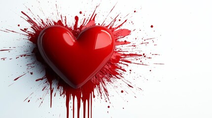 Red heart with red paint splatters on it. The heart is surrounded by red paint, giving it a messy and chaotic appearance. The splatters of paint give the heart a sense of movement and energy