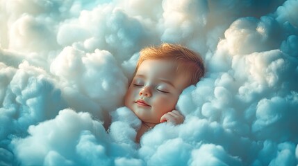 Baby peacefully sleeping in clouds. This photo is ideal for promoting baby products, sleep, or anything related to childhood innocence and dreams.