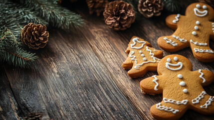 Fototapeta premium Close-up of Christmas cookies shaped like stars and gingerbread men on a wooden table with holiday decorations, copy space