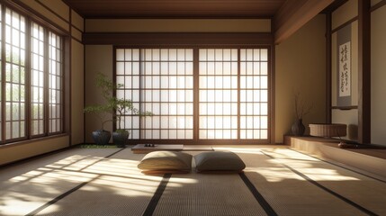 Serene interior of a traditional Japanese room with minimalistic design and natural light.