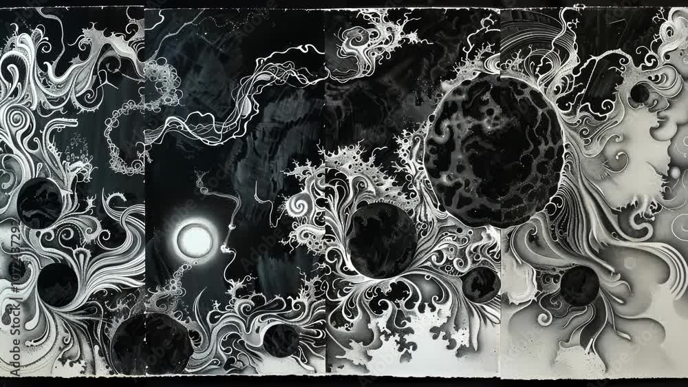 Poster a series of intricate ink drawings depicting different stages of the merging of the electromagnetic 