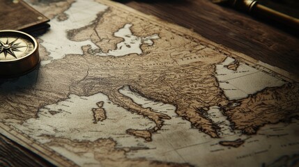 A detailed close-up of an antique-style Europe map displayed on a rustic wooden table with a compass beside it.
