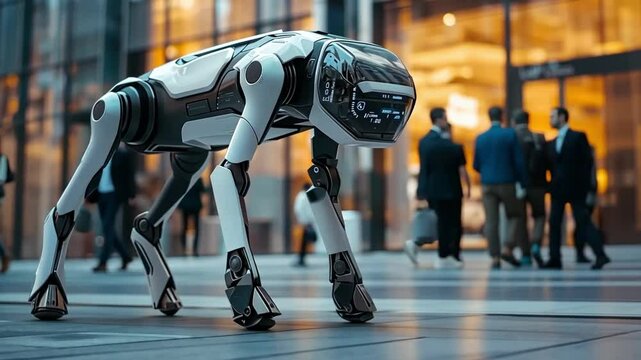 Futuristic robot dog is standing on a busy street, showcasing the advancements in robotics and artificial intelligence. The robot is likely used for security or surveillance purposes