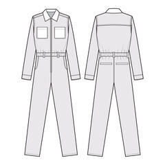 Jumpsuit or Boiler Suit Technical Drawing with Long Sleeves, Chest Pockets, and Belt, Front and Back View

