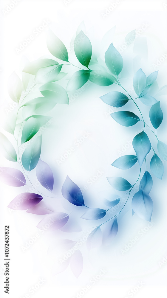 Poster a circular design features softly colored leaves blending into a light backdrop, creating a serene a