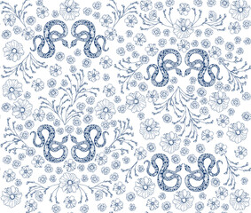 Pattern of blue snakes intertwined with floral designs, creating a nature-inspired artwork with serpentine forms and intricate details