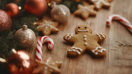 Close-up of Christmas cookies shaped like stars and gingerbread men on a wooden table with holiday decorations, copy space