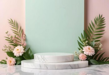 A light marble podium with cosmetics and products displayed on it, against a pastel background with flowers and green leaves